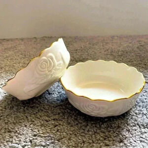 Lot‎ Of 2 Lenox Embossed Rose Blossom Ivory Bowl  Scalloped 24k Gold Rim Vintage